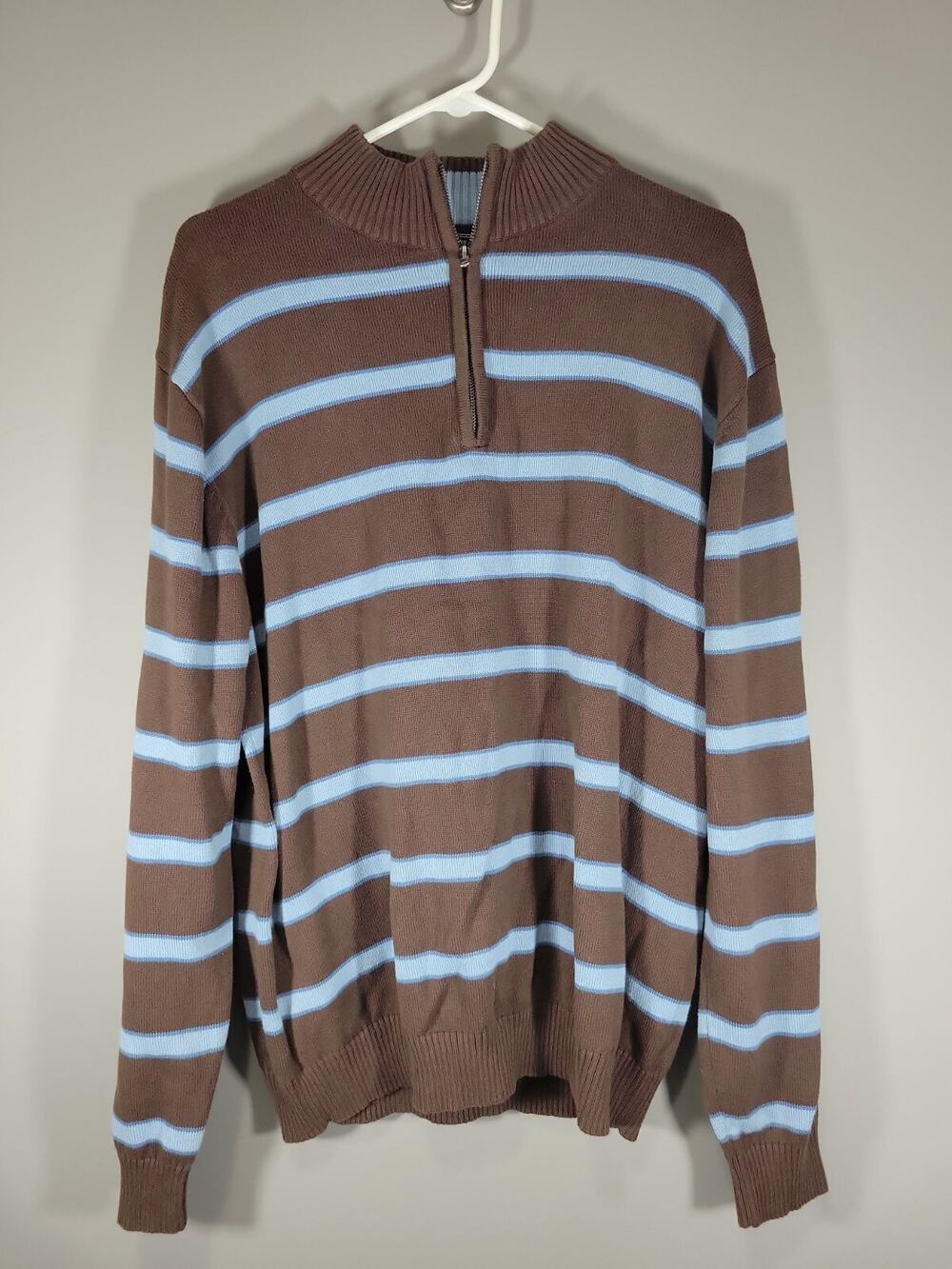 Wrangler Jeans Sweater Men's XL 1/4 zip Brown Blue stripe Knit 100% Cotton Pull